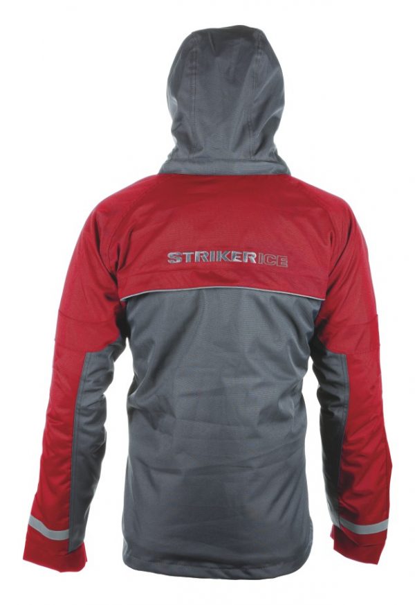 Striker Ice Hardwater Jacket Gray Red Back Hood