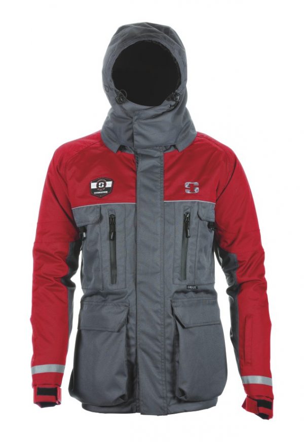Striker Ice Hardwater Jacket Gray Red Hood